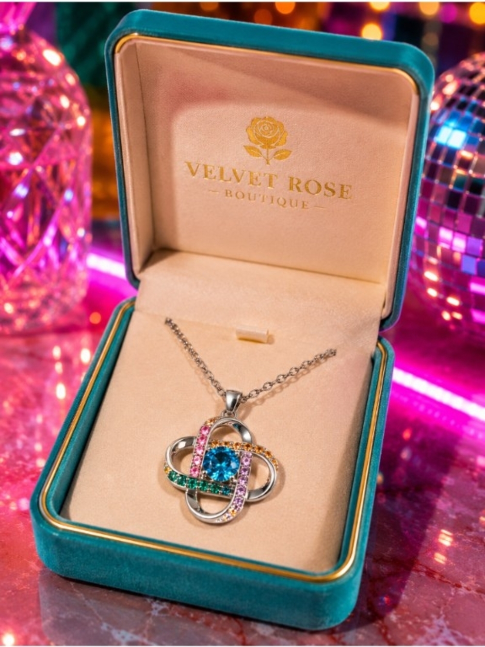 Rainbow Crystal Orbit Pendant Necklace Silver Tone Colorful CZ Statement Jewelry